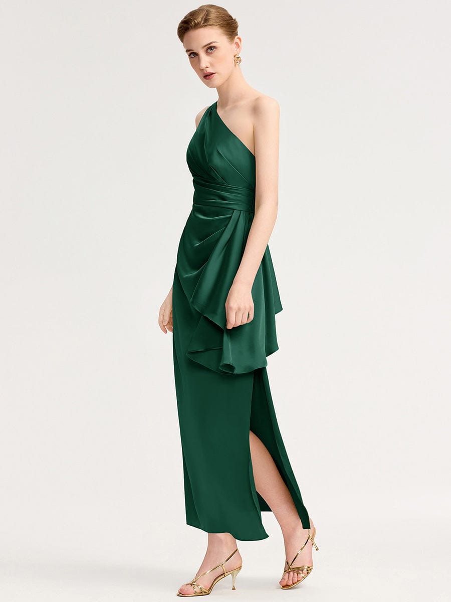 Robe d'invité de mariage trapèze en mousseline fluide à encolure ronde et longueur au genou #Couleur_Vert Fonce