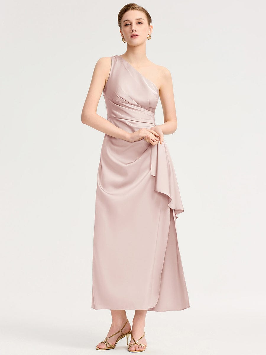 Robe d'invité de mariage trapèze en mousseline fluide à encolure ronde et longueur au genou #Couleur_Rose