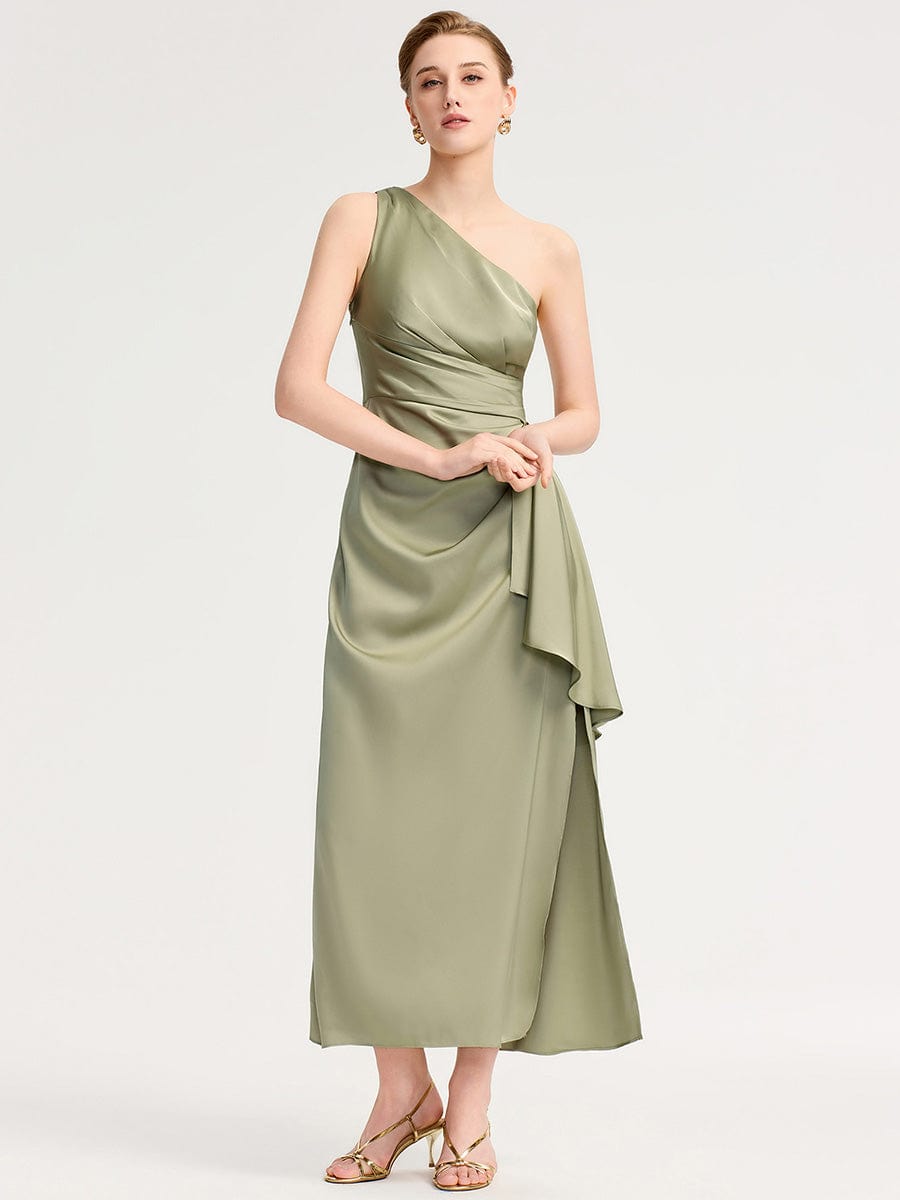 Robe d'invité de mariage trapèze en mousseline fluide à encolure ronde et longueur au genou #Couleur_Vert sauge