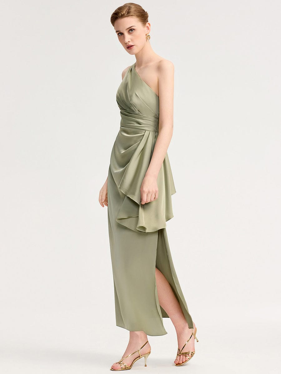 Robe d'invité de mariage trapèze en mousseline fluide à encolure ronde et longueur au genou #Couleur_Vert sauge