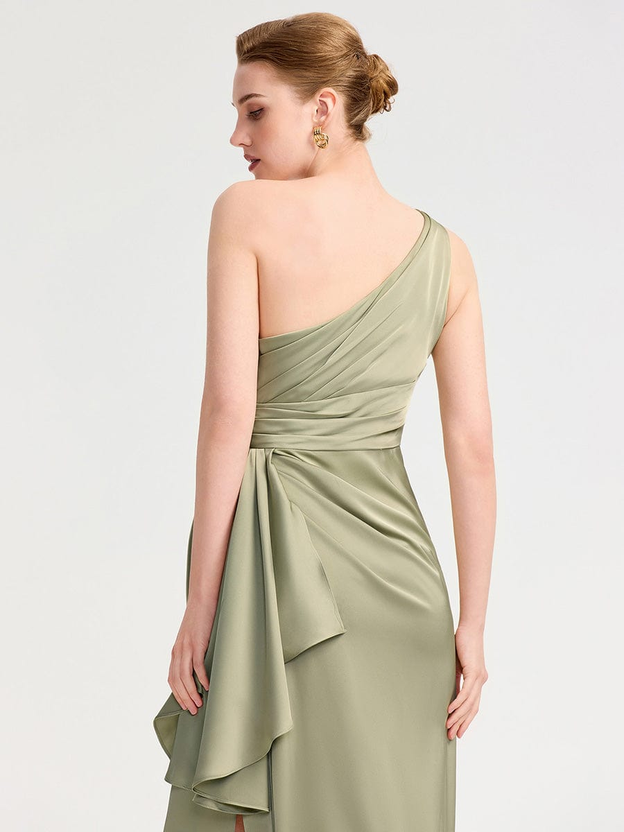 Robe d'invité de mariage trapèze en mousseline fluide à encolure ronde et longueur au genou #Couleur_Vert sauge