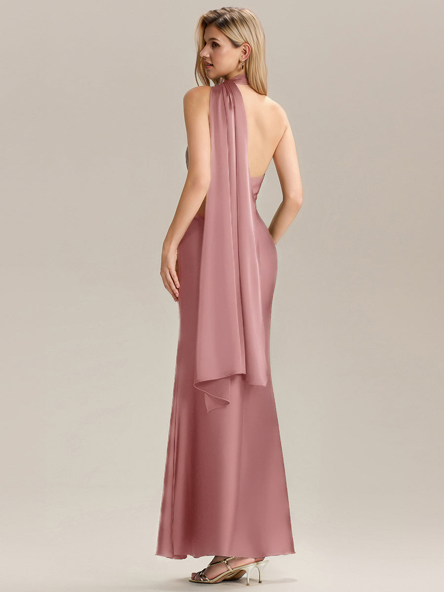 Robe de demoiselle d'honneur dos nu longueur sol à manches courtes #Couleur_Orchidee