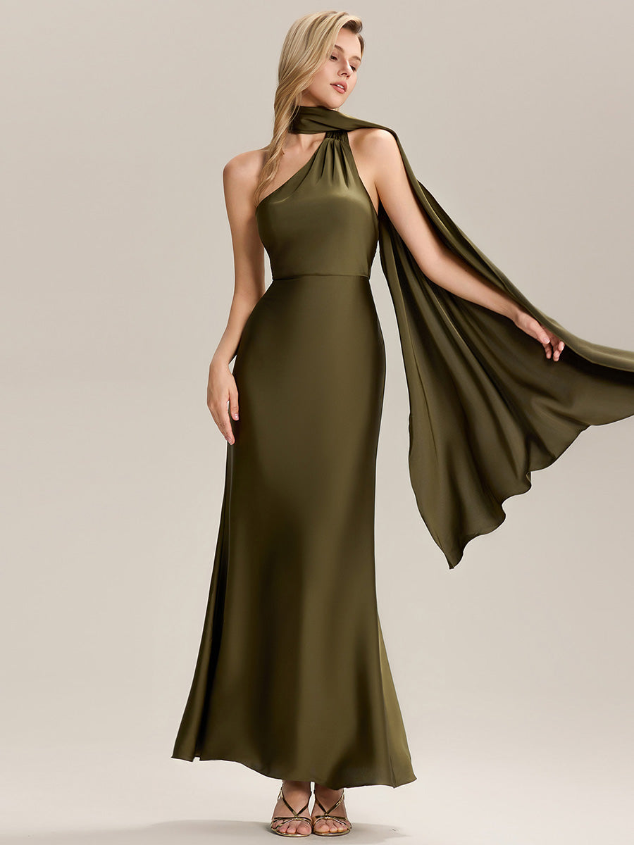 Robe de demoiselle d'honneur dos nu longueur sol à manches courtes #Couleur_Vert Olive