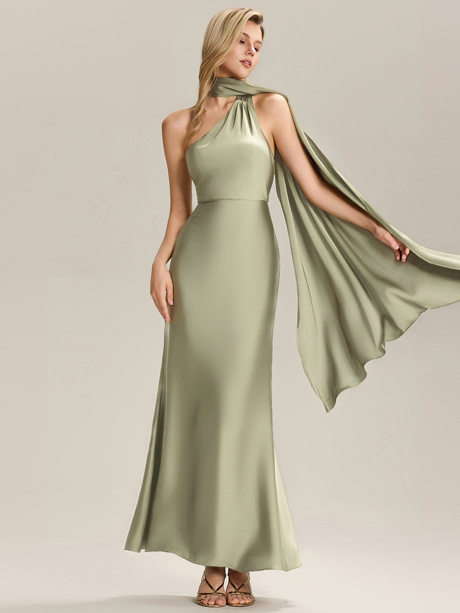 Robe de demoiselle d'honneur dos nu longueur sol à manches courtes #Couleur_Vert sauge
