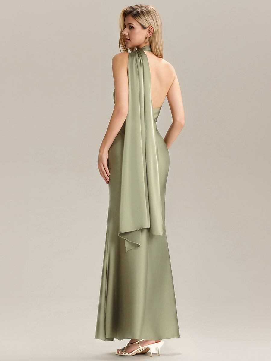 Robe de demoiselle d'honneur dos nu longueur sol à manches courtes #Couleur_Vert sauge