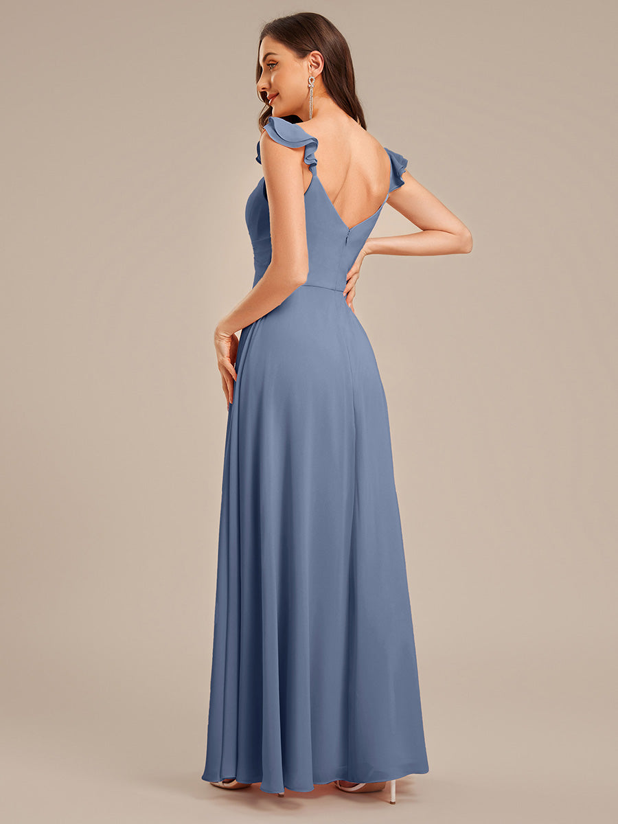 Robe de demoiselle d'honneur en mousseline à volants et bordure en laitue #Couleur_Marine Fume