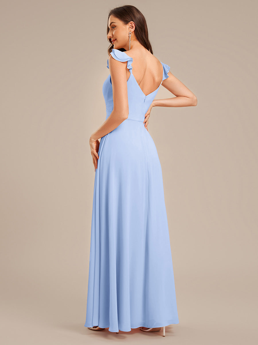 Robe de demoiselle d'honneur en mousseline à volants et bordure en laitue #Couleur_Bleu Glace