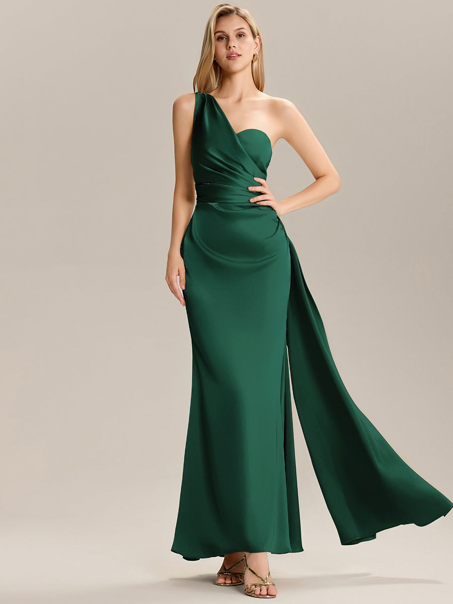 Robe de demoiselle d'honneur asymétrique sans manches longue #Couleur_Vert Fonce