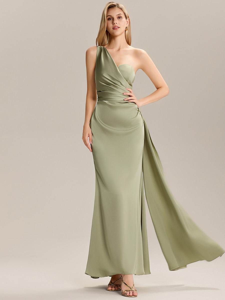 Robe de demoiselle d'honneur asymétrique sans manches longue #Couleur_Vert sauge