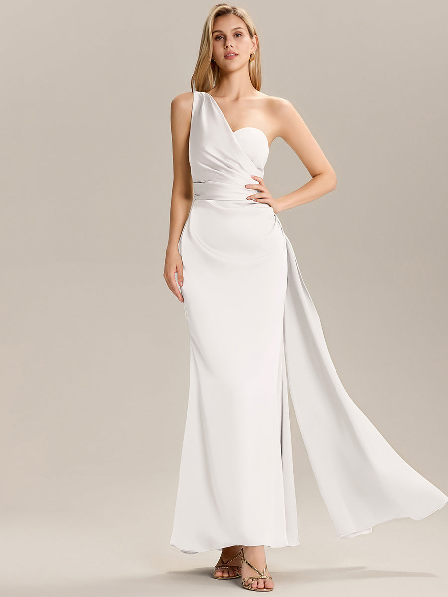 Robe de demoiselle d'honneur asymétrique sans manches longue  #Couleur_Blanc