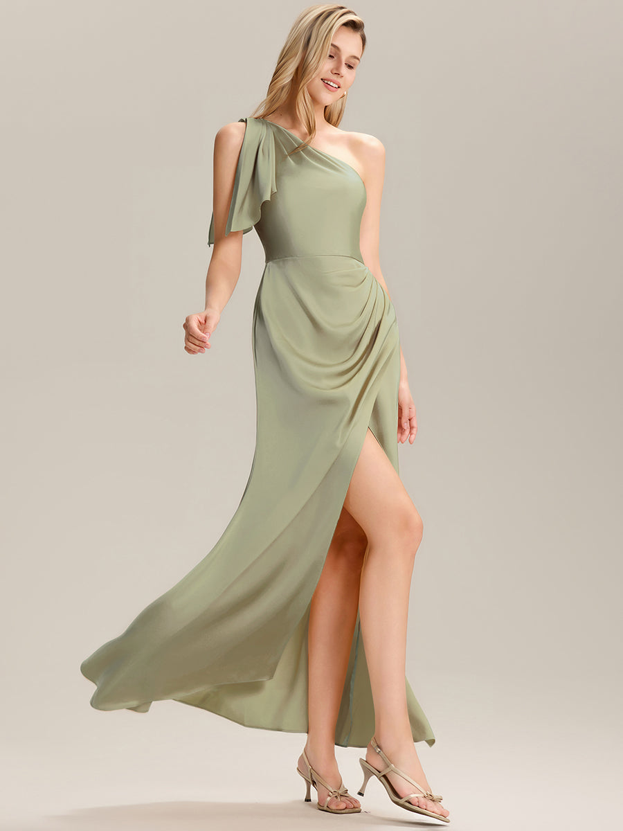 Robe longue asymétrique sans manches fente haute #Couleur_Vert sauge