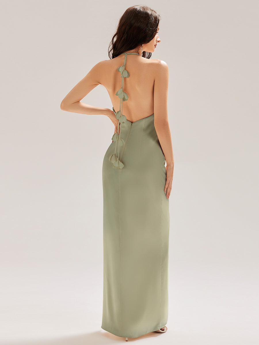 Robe longue sans manches à fleurs #Couleur_Vert sauge