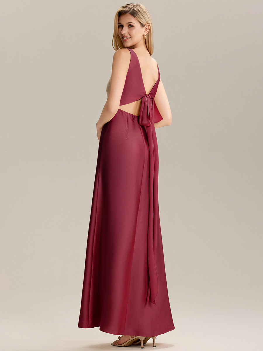 Robe longue dos nu à manches courtes en V #Couleur_Bordeaux