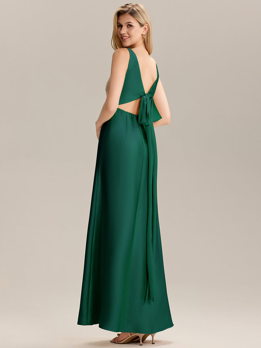 Robe longue dos nu à manches courtes en V #Couleur_Vert Fonce