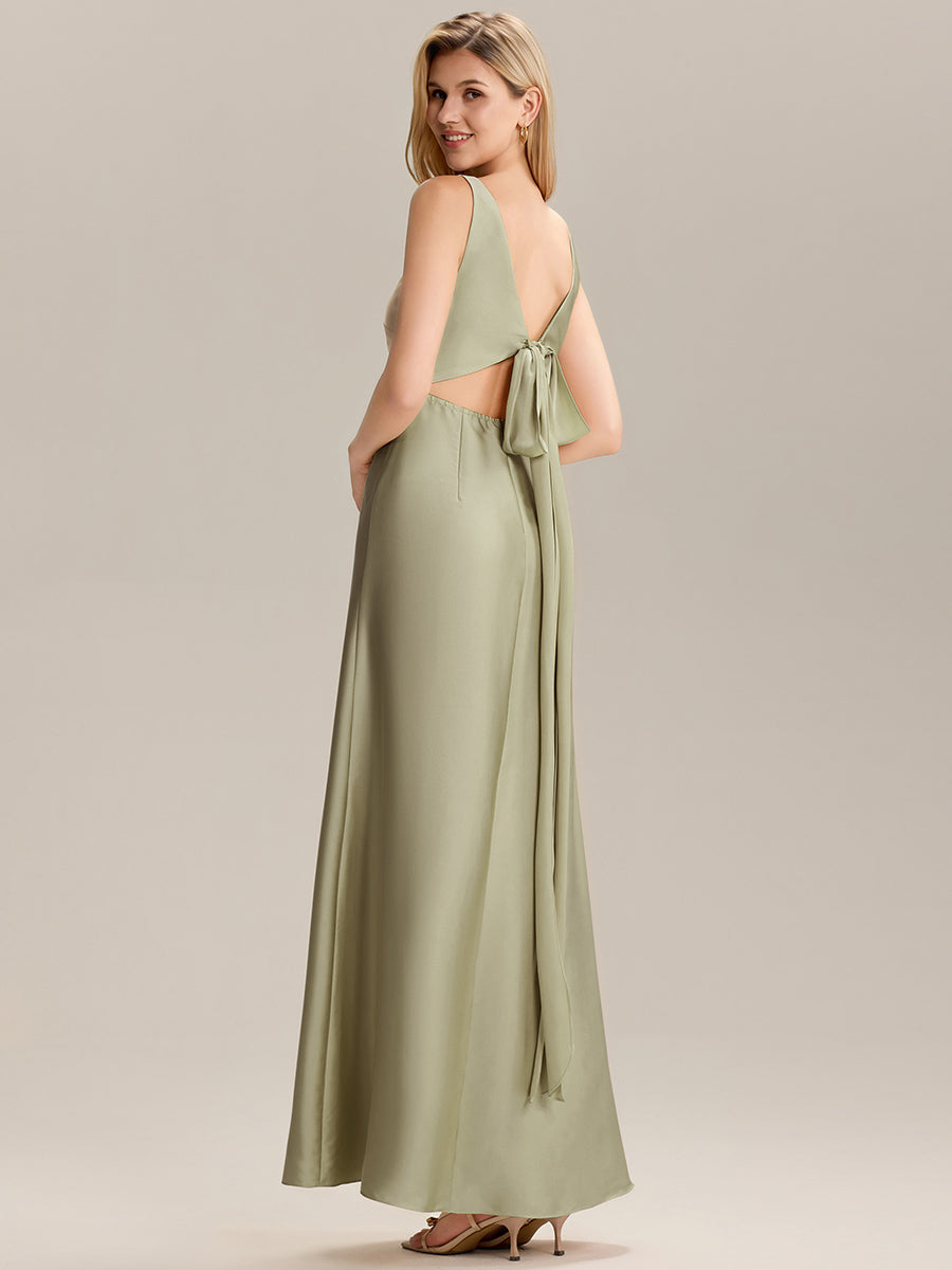 Robe longue dos nu à manches courtes en V #Couleur_Vert sauge