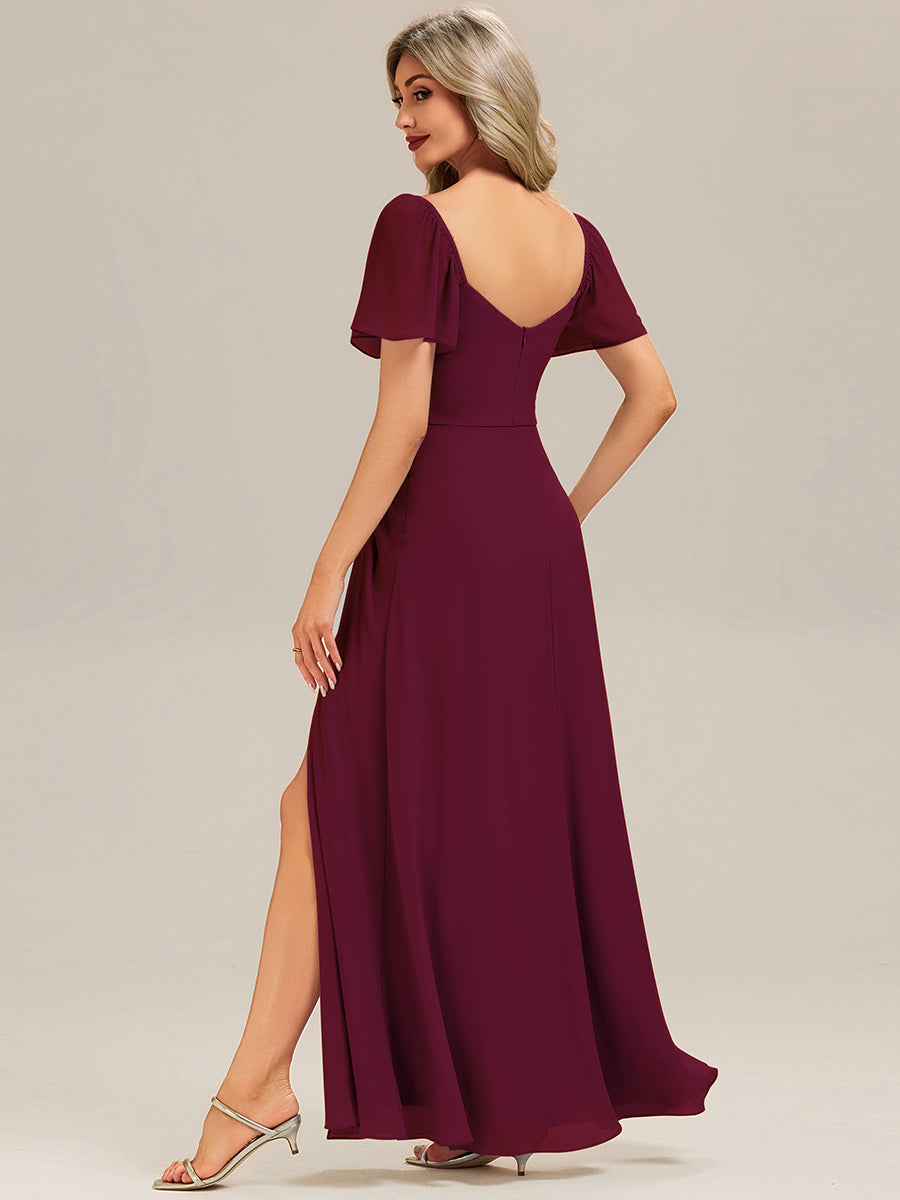 Robe longue à manches courtes en V avec volants et fente haute sur la cuisse et ourlet asymétrique Robes de demoiselle d'honneur #Couleur_Bordeaux