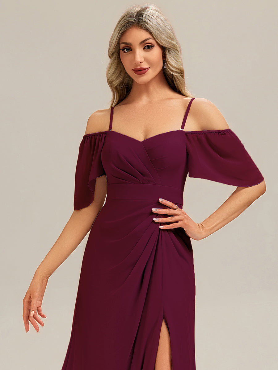 Robe longue à manches courtes en V avec volants et fente haute sur la cuisse et ourlet asymétrique Robes de demoiselle d'honneur #Couleur_Bordeaux