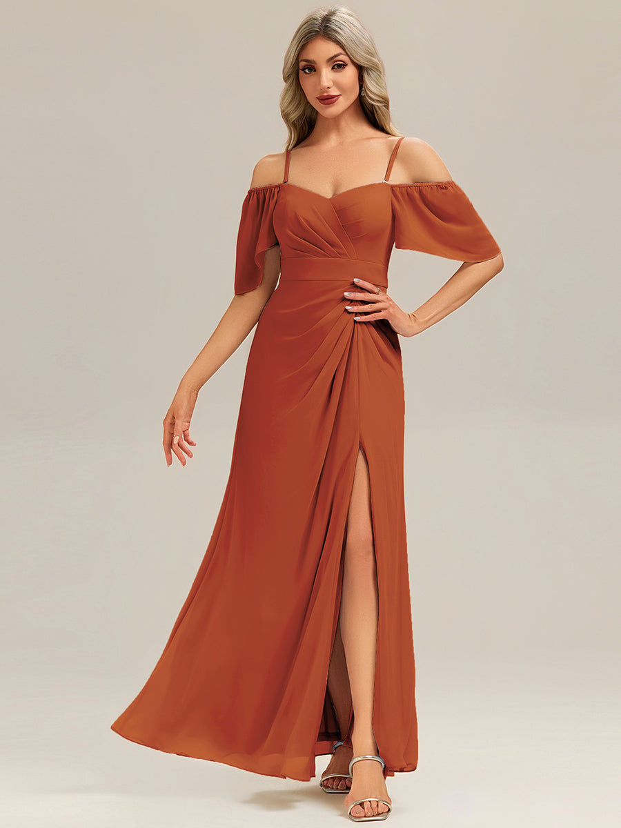 Robe longue à manches courtes en V avec volants et fente haute sur la cuisse et ourlet asymétrique Robes de demoiselle d'honneur #Couleur_Burnt Orange