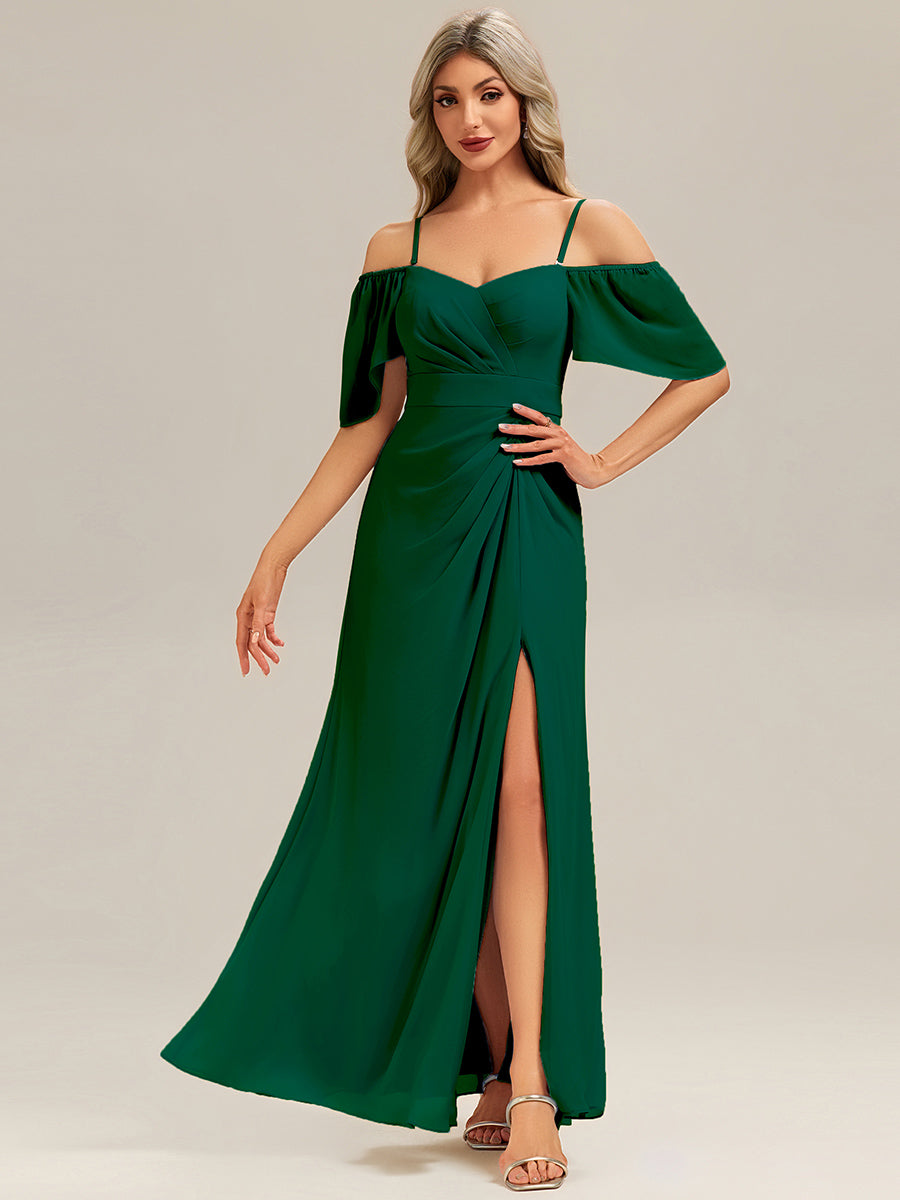 Robe longue à manches courtes en V avec volants et fente haute sur la cuisse et ourlet asymétrique Robes de demoiselle d'honneur #Couleur_Vert Fonce