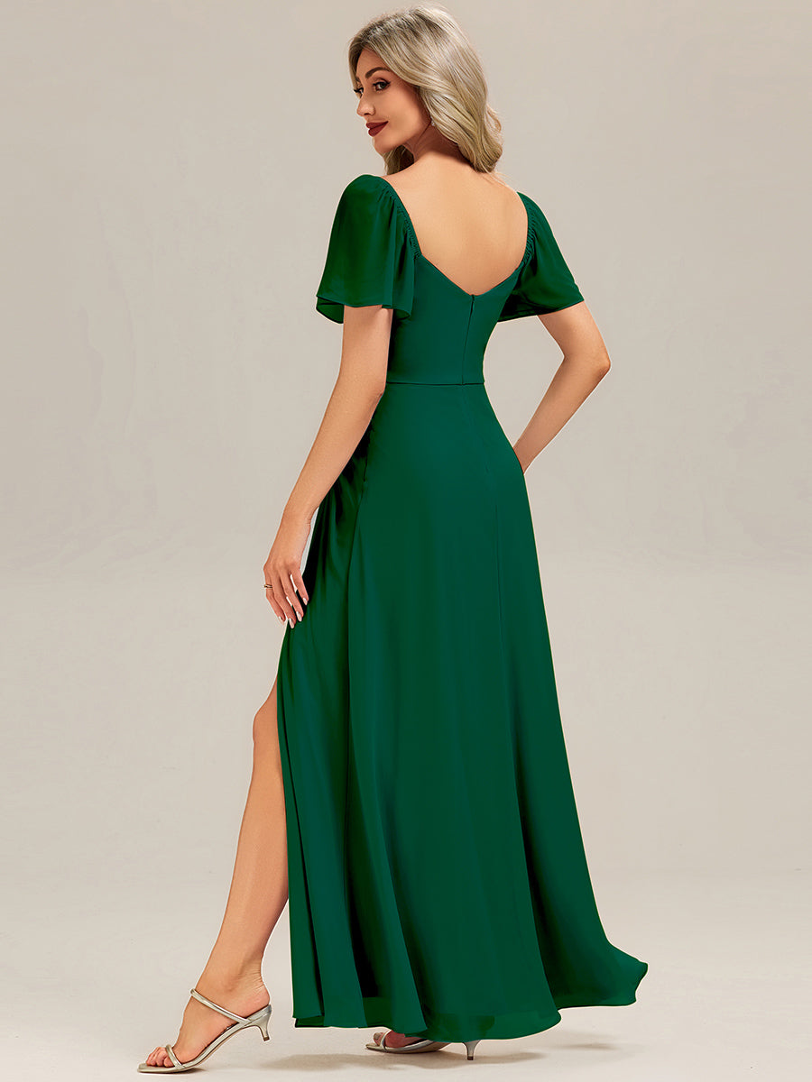 Robe longue à manches courtes en V avec volants et fente haute sur la cuisse et ourlet asymétrique Robes de demoiselle d'honneur #Couleur_Vert Fonce