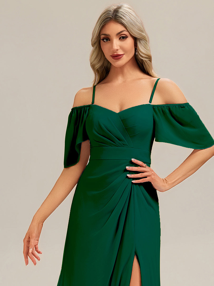 Robe longue à manches courtes en V avec volants et fente haute sur la cuisse et ourlet asymétrique Robes de demoiselle d'honneur #Couleur_Vert Fonce