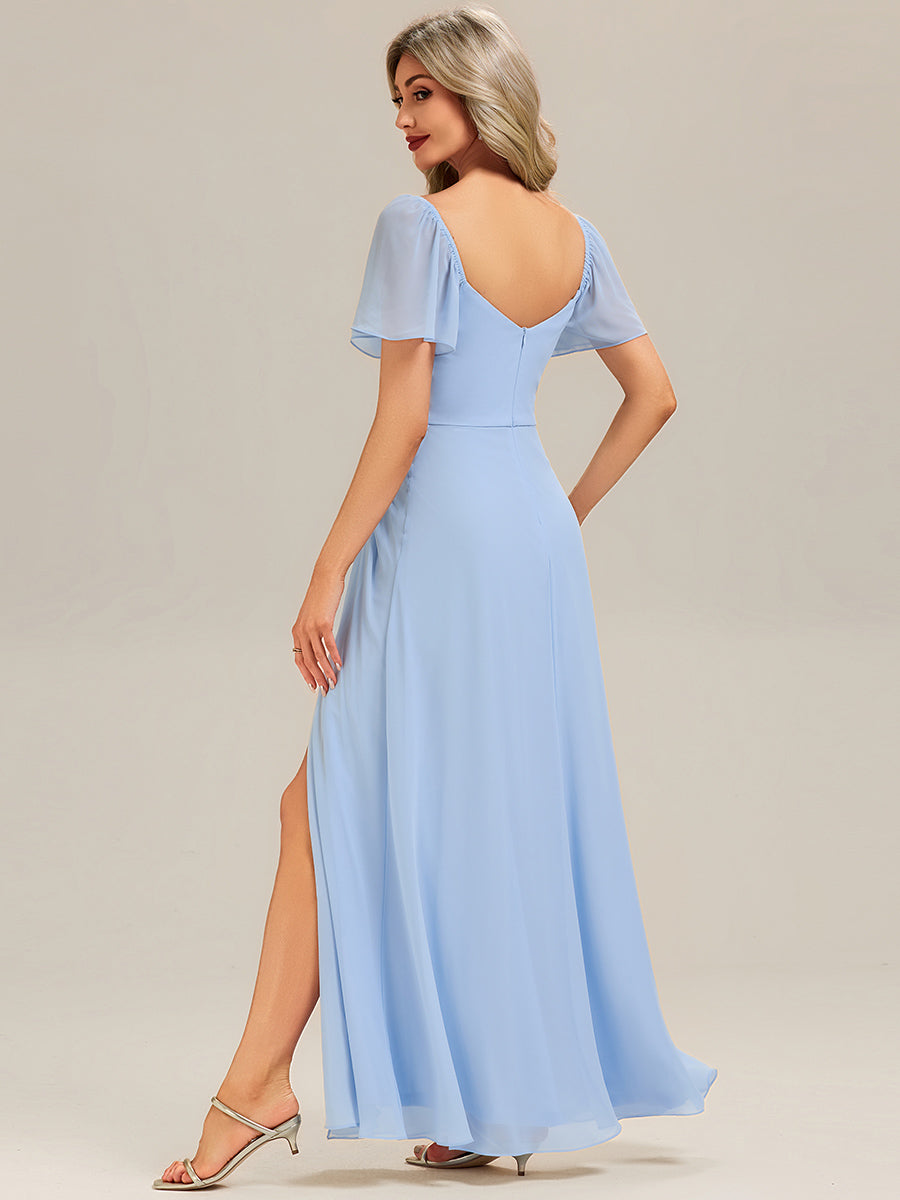 Robe longue à manches courtes en V avec volants et fente haute sur la cuisse et ourlet asymétrique Robes de demoiselle d'honneur #Couleur_Bleu Glace
