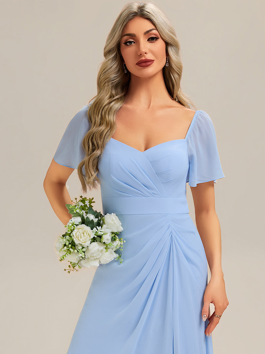 Robe longue à manches courtes en V avec volants et fente haute sur la cuisse et ourlet asymétrique Robes de demoiselle d'honneur #Couleur_Bleu Glace