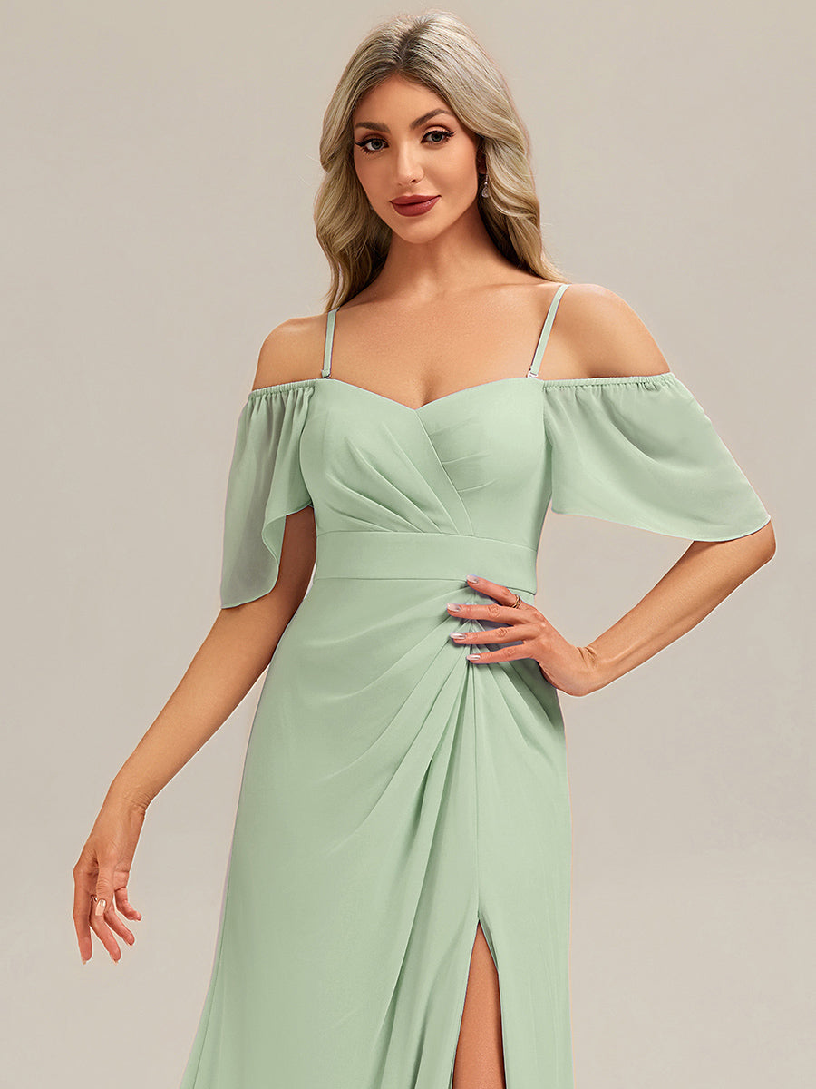 Robe longue à manches courtes en V avec volants et fente haute sur la cuisse et ourlet asymétrique Robes de demoiselle d'honneur #Couleur_Menthe Verte