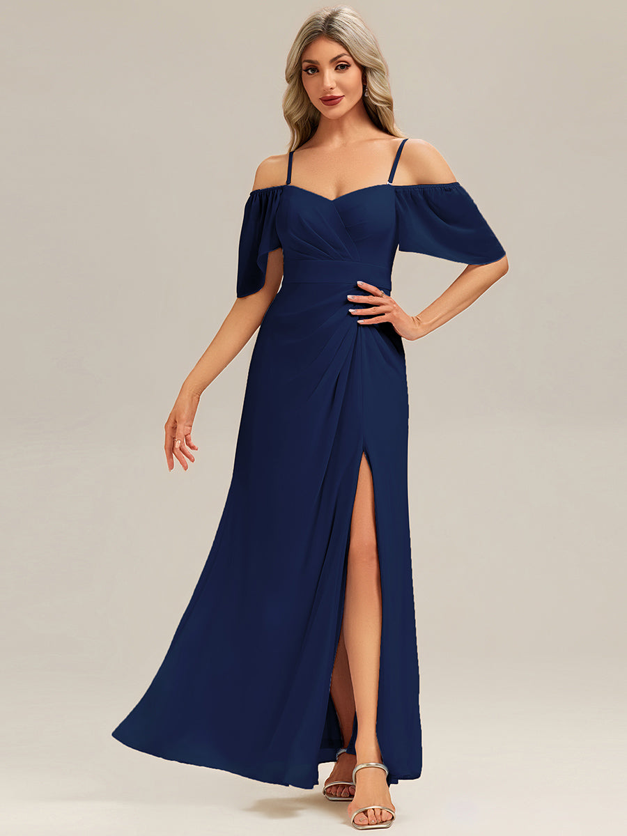 Robe longue à manches courtes en V avec volants et fente haute sur la cuisse et ourlet asymétrique Robes de demoiselle d'honneur #Couleur_Bleu Marine