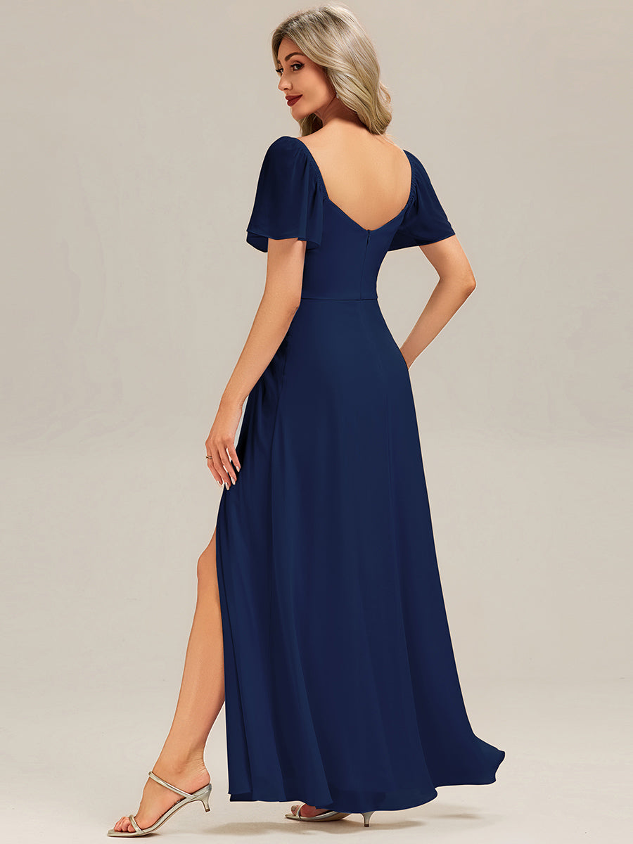 Robe longue à manches courtes en V avec volants et fente haute sur la cuisse et ourlet asymétrique Robes de demoiselle d'honneur #Couleur_Bleu Marine