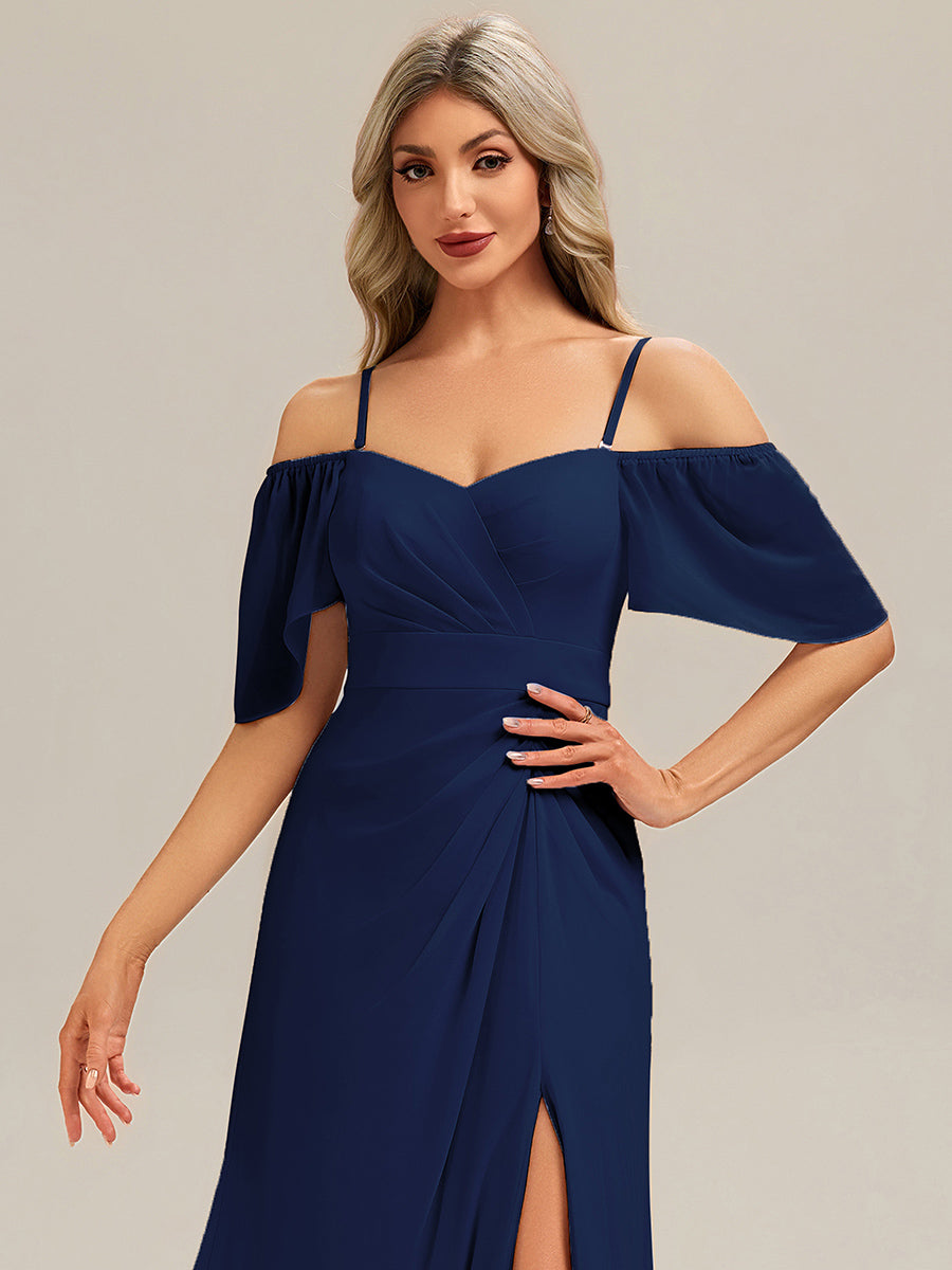 Robe longue à manches courtes en V avec volants et fente haute sur la cuisse et ourlet asymétrique Robes de demoiselle d'honneur #Couleur_Bleu Marine