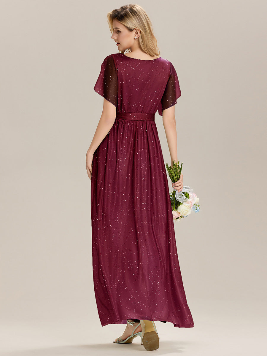 Robe longue à manches courtes décolleté en V volants #Couleur_Bordeaux
