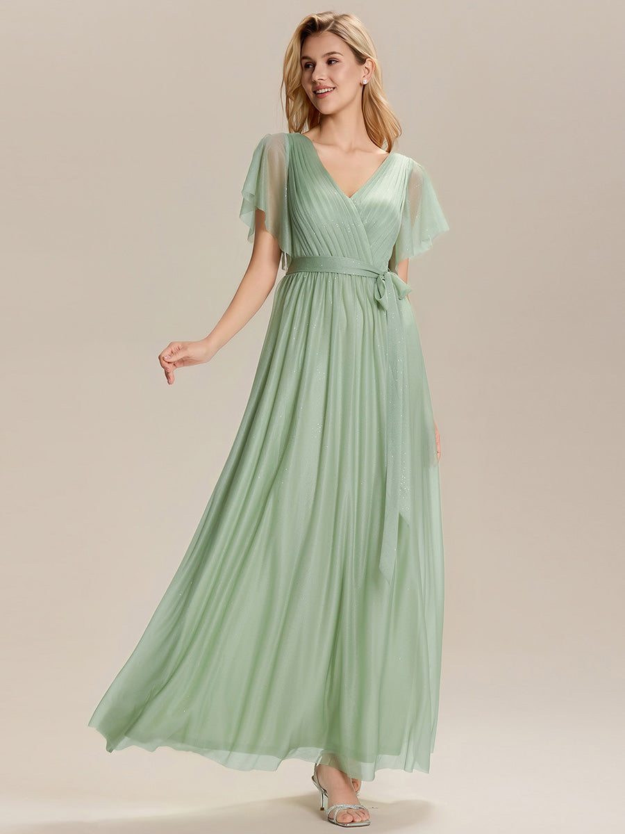 Robe longue à manches courtes décolleté en V volants #Couleur_Menthe Verte
