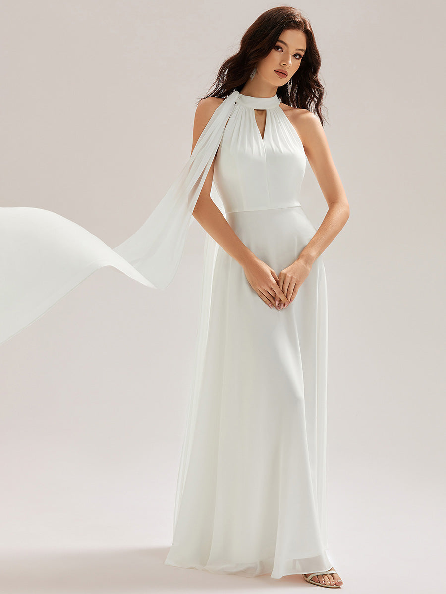 Robe de demoiselle d'honneur sans manches longueur sol avec découpes #Couleur_Blanc