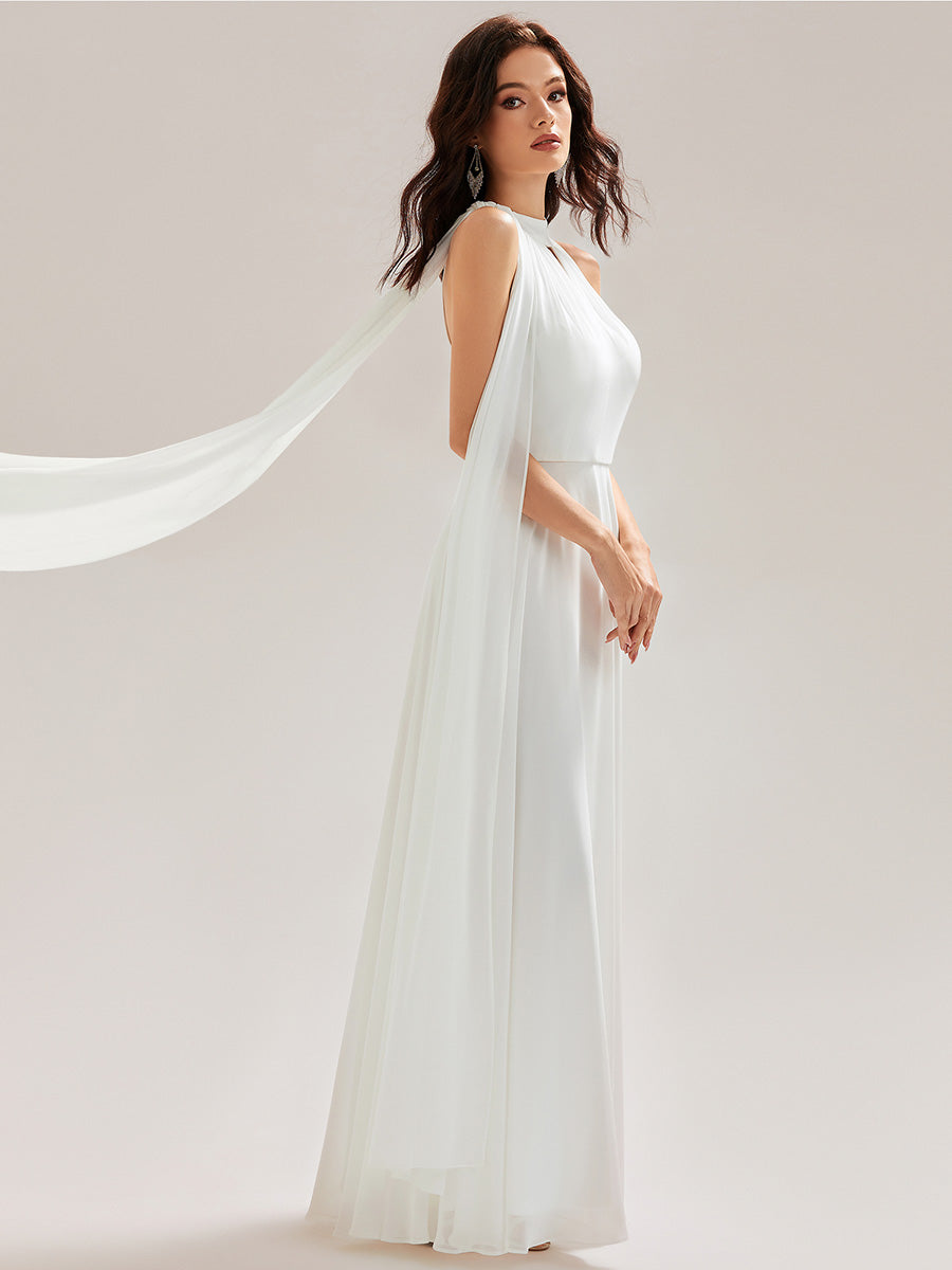 Robe de demoiselle d'honneur sans manches longueur sol avec découpes #Couleur_Blanc