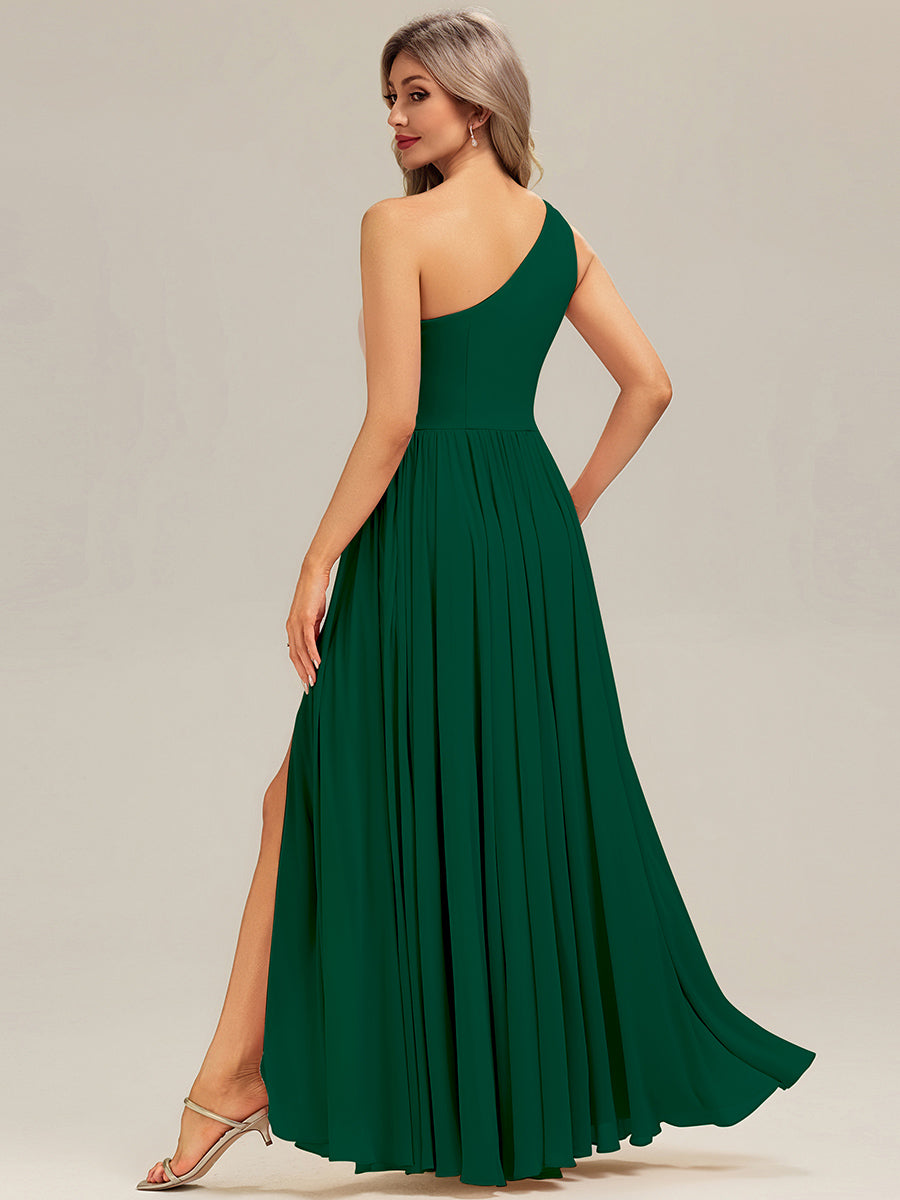 Robe longue asymétrique sans manches plissée en A avec fente haute sur la cuisse Robe de demoiselle d'honneur #Couleur_Vert Fonce