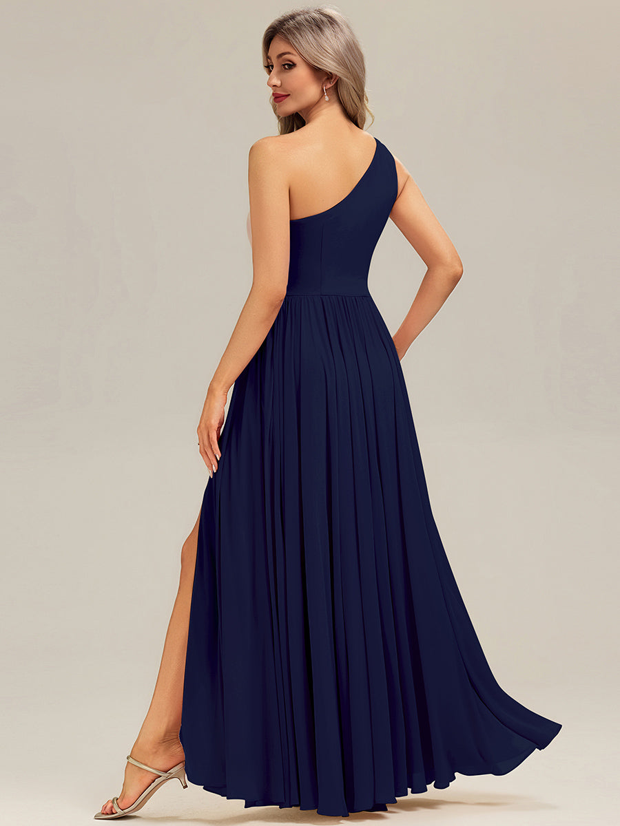 Robe longue asymétrique sans manches plissée en A avec fente haute sur la cuisse Robe de demoiselle d'honneur #Couleur_Bleu Marine