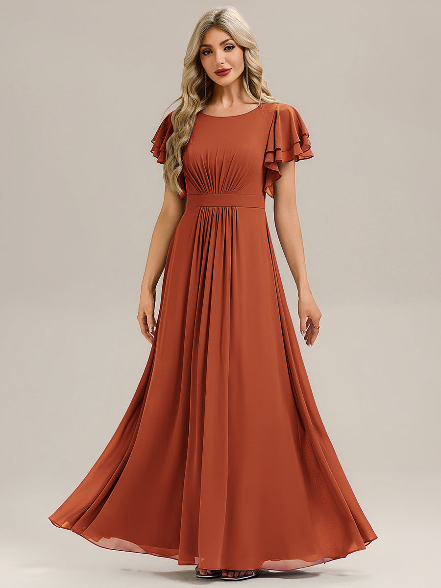 Robe longue à manches courtes avec volants en A et col rond fermeture éclair au dos Robe de demoiselle d'honneur #Couleur_Burnt Orange