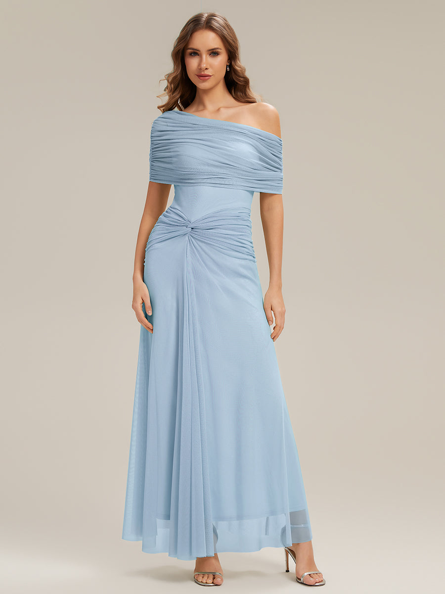 Robe maxi moulante à épaules dénudées et manches courtes avec nœud #Couleur_Bleu Glace