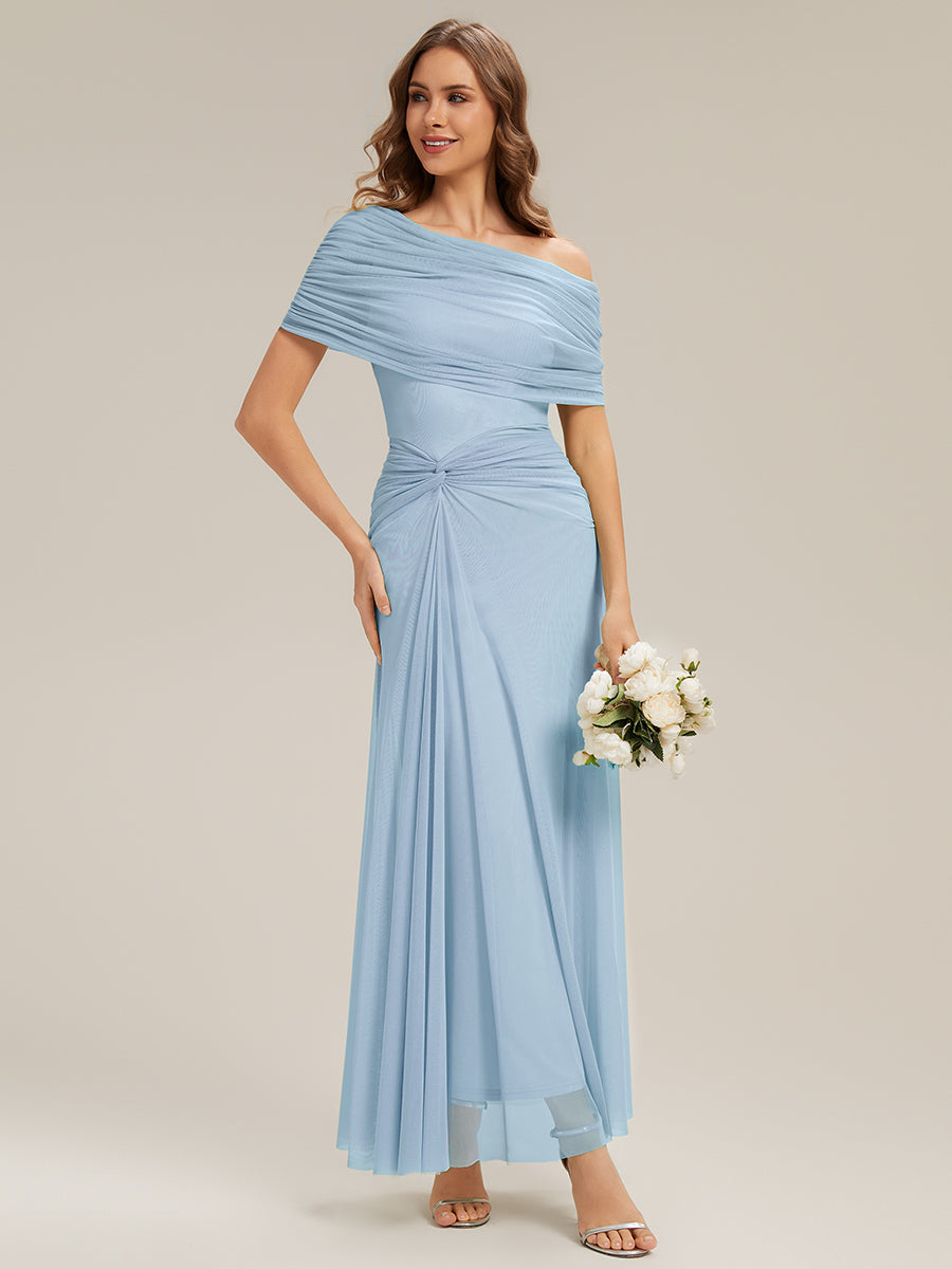 Robe maxi moulante à épaules dénudées et manches courtes avec nœud #Couleur_Bleu Glace