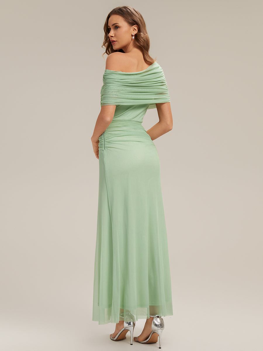 Robe maxi moulante à épaules dénudées et manches courtes avec nœud #Couleur_Menthe Verte