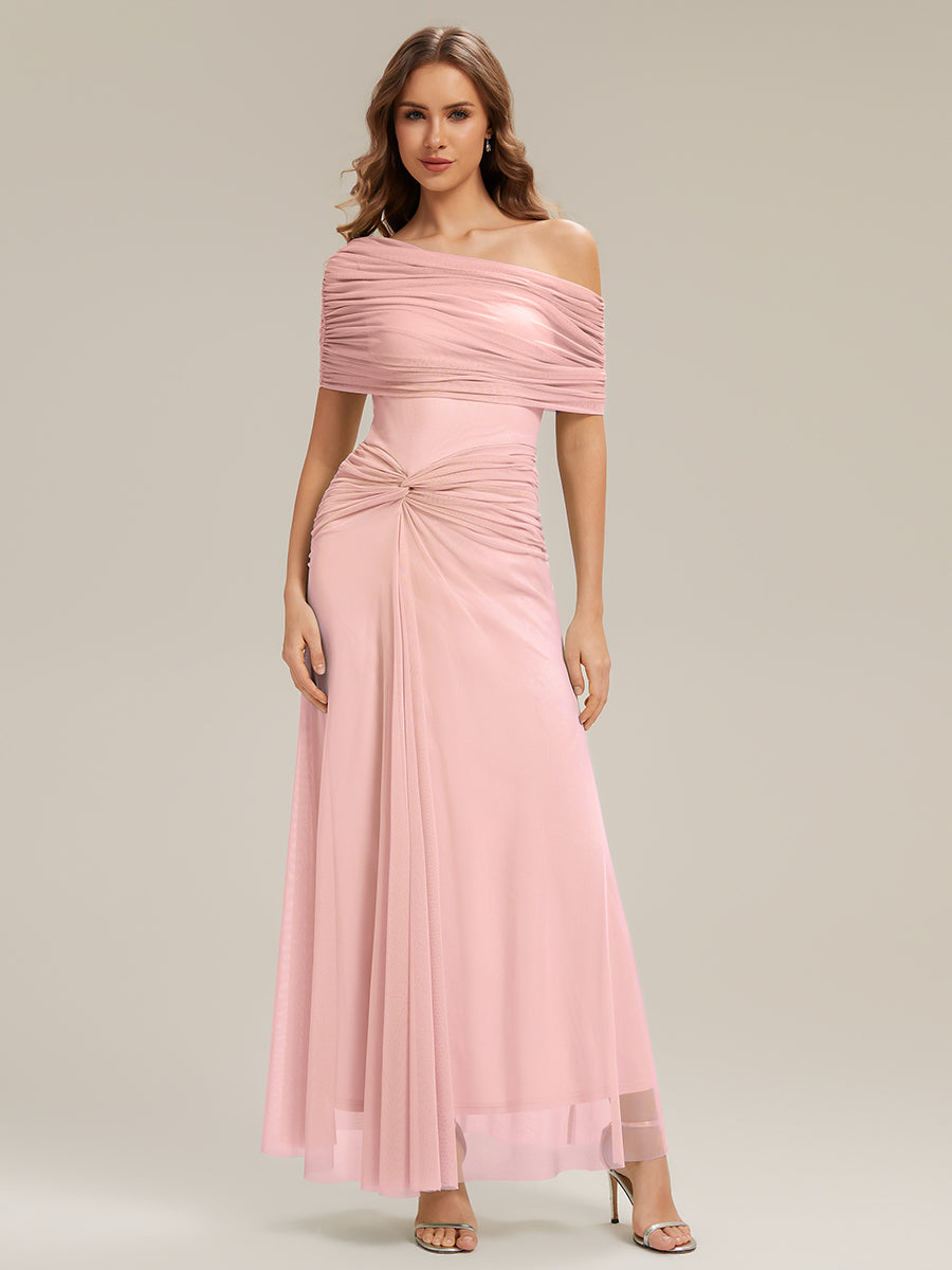 Robe maxi moulante à épaules dénudées et manches courtes avec nœud #Couleur_Rose