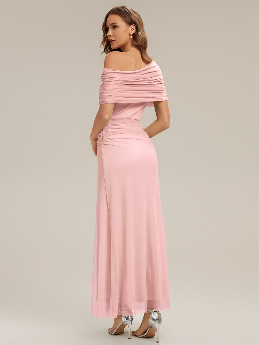 Robe maxi moulante à épaules dénudées et manches courtes avec nœud #Couleur_Rose