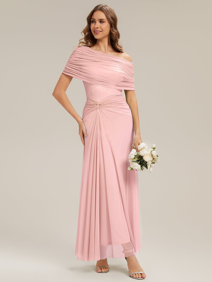 Robe maxi moulante à épaules dénudées et manches courtes avec nœud #Couleur_Rose