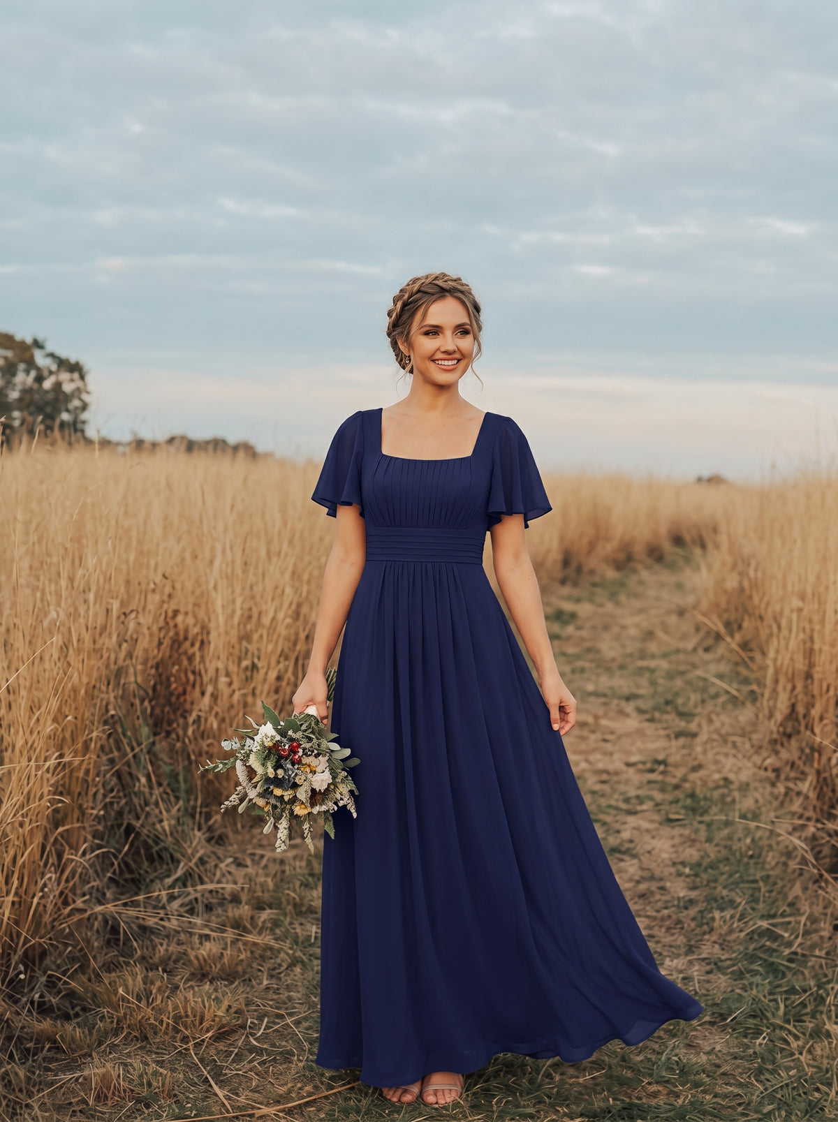 robe longue à manches courtes avec volants dos nu et fronces en forme de A #Couleur_Bleu Marine