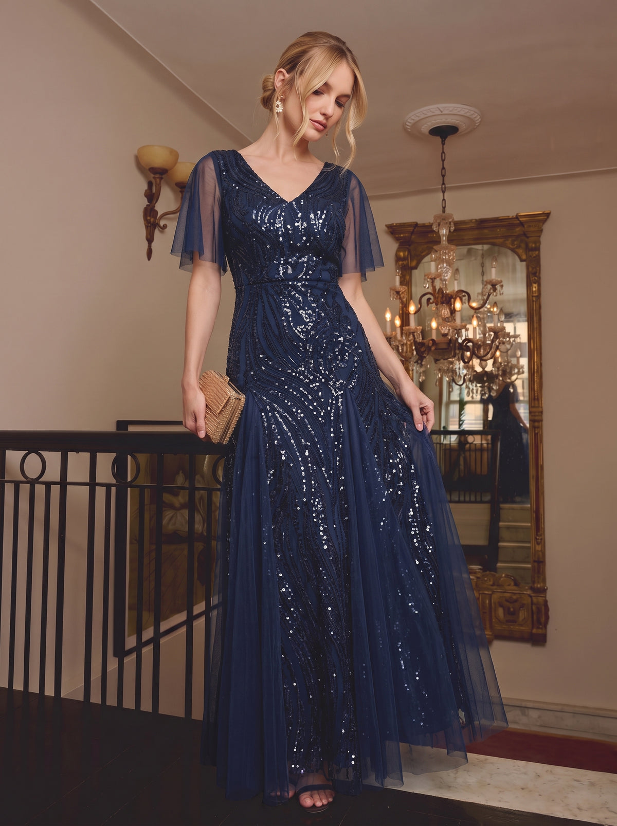 robe maxi à manches courtes en V avec sequins et ourlet volanté #Couleur_Bleu Marine