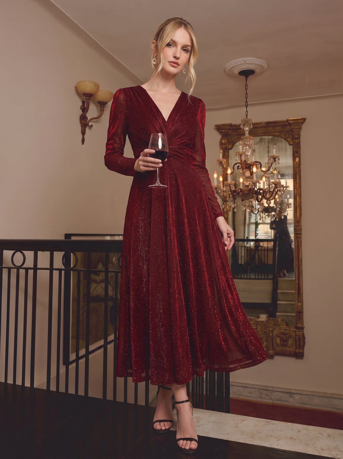 Robe longueur th¨¦ ¨¤ manches longues col crois¨¦ tr¨¨s extensible avec fermeture ¨¦clair au dos et d¨¦tail de n?ud #Couleur_Bordeaux