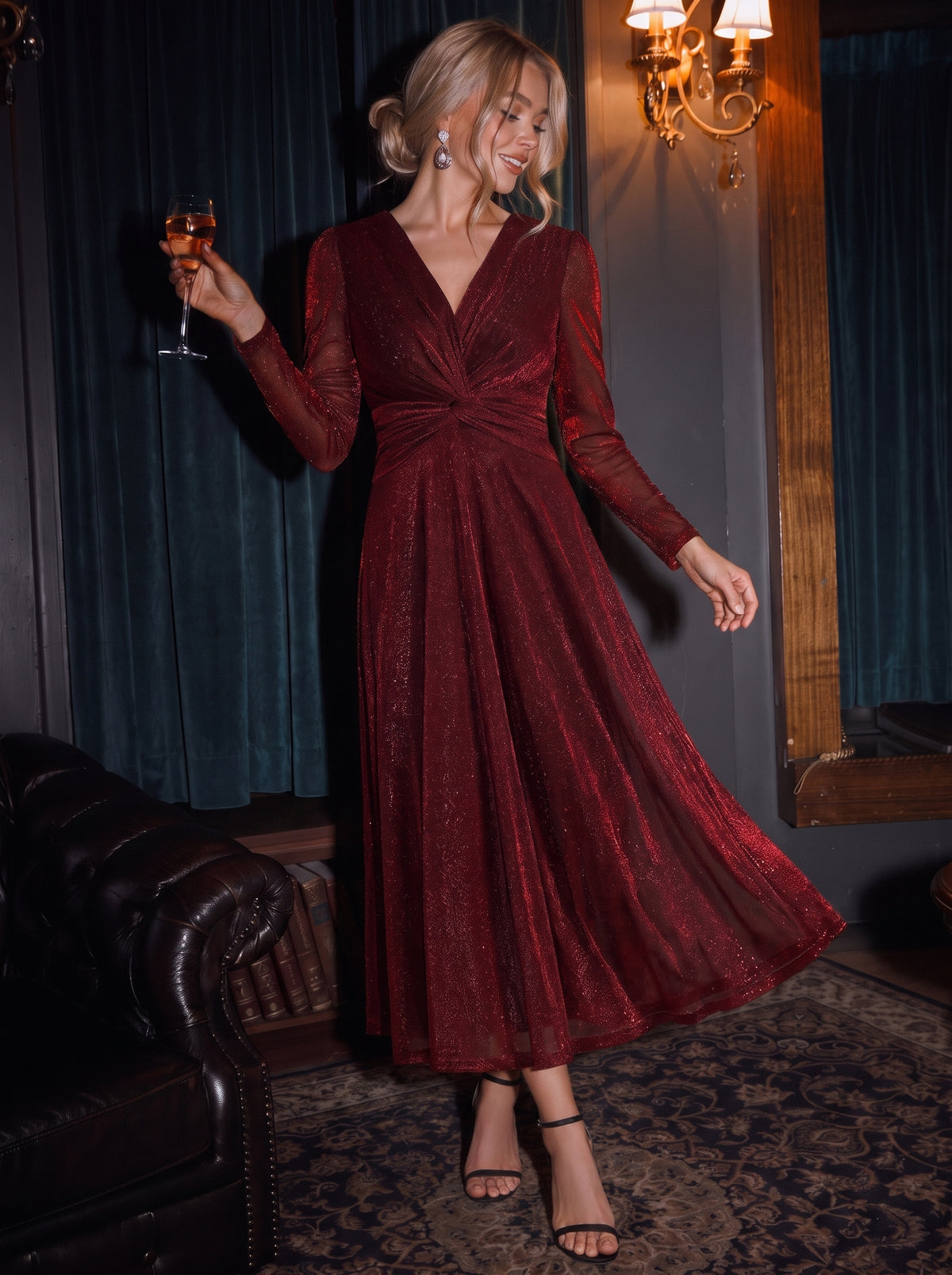 Robe longueur th¨¦ ¨¤ manches longues col crois¨¦ tr¨¨s extensible avec fermeture ¨¦clair au dos et d¨¦tail de n?ud #Couleur_Bordeaux