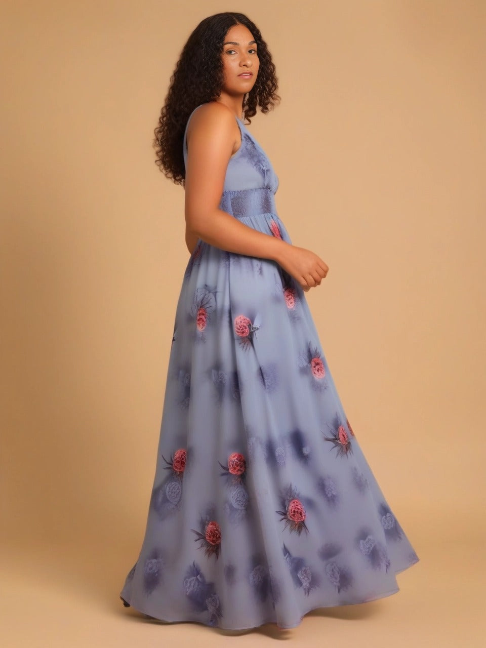 Robe longue de soirée florale à encolure en V #Couleur_Pivoine Poussiéreuse