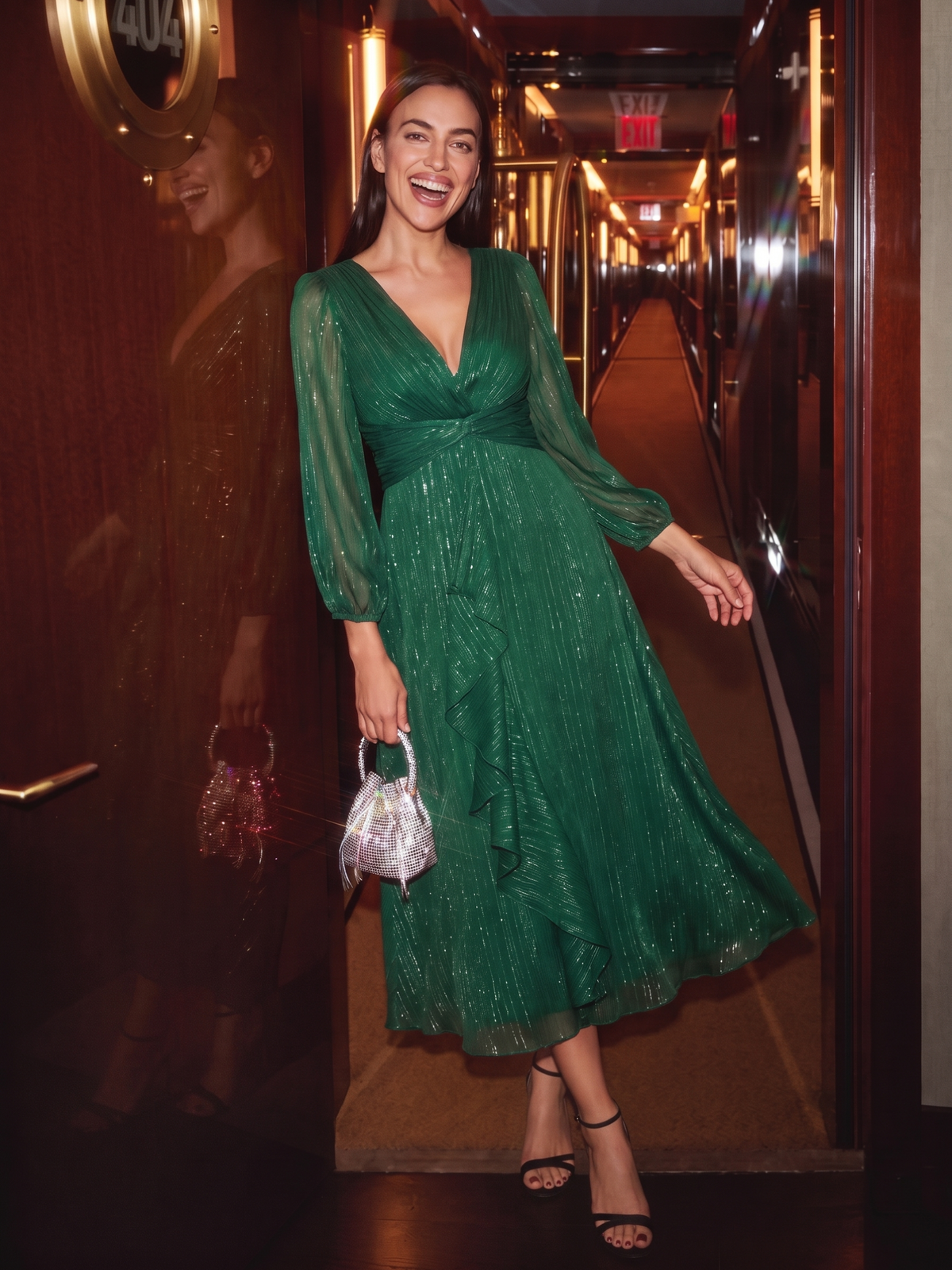 Robe de soirée trapèze scintillante à manches longues et col en V en mousseline de soie avec n?ud torsadé #Couleur_Vert Fonce